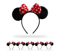 Relaxdays Juego 6 Diademas con Orejas de Ratón y Lazo de Lunares, Accesorios Disfraz, Flexibles, 18,5x20,5x1,5 cm, Negro/Rojo, Poliéster