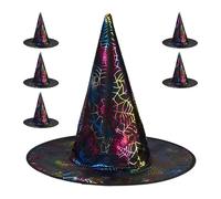 Relaxdays 6 Sombreros de Bruja, Estampado de Telarañas, Accesorio de Disfraz, Halloween y Carnaval, Negro/Multicolor, Acero, 33 x 38 cm