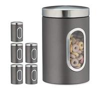 Relaxdays 6 x Recipiente de Almacenamiento, 1,4 L, con Tapa y Ventana, para Café, Harina, Pasta, Bote para Cocina, Metal, Gris