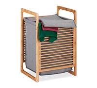 Relaxdays, 60x40x35 cm, Marrón/Gris Cesto de bambú para la Ropa Sucia, Canasto Rectangular con Tapa, Accesorio de baño, Poliéster