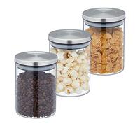 Relaxdays 650 ml Botes Cristal, Set 3, Recipientes Cocina, Tapa Acero Inoxidable, Tarros Herméticos, Transparente/Plata