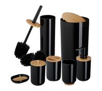 Relaxdays 7-Teiliges Badezimmer Set Piezas plástico y bambú, Juego Completo de Accesorios de baño, Color Natural, 20% 15% 65%, Negro/Beige, 7 Unidades