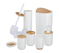 Relaxdays 7-Teiliges Badezimmer Set Piezas plástico y bambú, Juego Completo de Accesorios de baño, Color Natural, 65% 20% 15%, Blanco/Crema, 7 Unidades