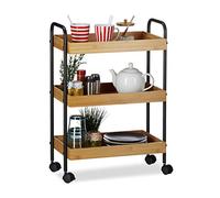 Relaxdays, 70 x 50 x 28 cm Carrito Cocina con 3 Niveles y Ruedas Giratorias, Bambú y Acero, Marrón y Negro