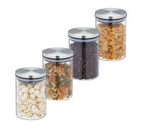 Relaxdays 750 ml Botes Cristal, Set 4, Recipientes Cocina, Tapa Acero Inoxidable, Tarros Herméticos, Transparente/Plata, Silicona