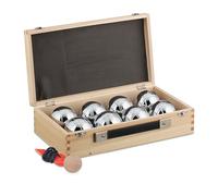 Relaxdays 8 Bolas de Petanca Acero, Cuerda de Medición y Maletín de Madera, Juego Boccia, 72 mm, Natural/Plateado