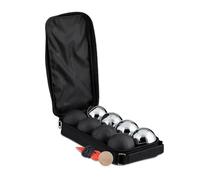 Relaxdays 8 Bolas de Petanca, Acero, Juego Boccia, con Boliche y Cuerda Medidora, Bolsa de Transporte, Negro y Plateado, 31 x 16 x 7 cm