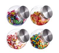 Relaxdays 8 Botes para Chuches, 1,5 L, Recipientes para Alimentos, Cristal & Acero Inoxidable, con Tapa, Chucherías, Transparente