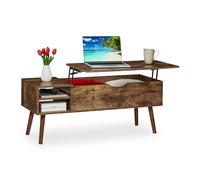 Relaxdays abatible Mesa Centro Elevable, 2 Compartimentos Laterales, Mesita Sofá con Almacenaje, Industrial, 45x108x40cm, Marrón, Hierro