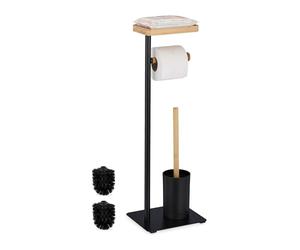 Relaxdays Accesorios Baño, Escobillero con Escobillas, Portarrollos de Papel Higiénico, con Estante, Negro y Natural