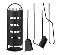 Relaxdays Accesorios Chimenea, 5 Piezas, Atizador, Escoba, Pala, Pinzas y Soporte, Set de Hierro Estufa, Negro/Plateado, 66 x 23 x 15 cm