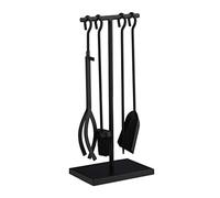 Relaxdays Accesorios Chimenea, Modernos, Juego de Estufa con Atizador, Pinzas, Escoba, Pala y Soporte, Negro, Acero, Set de 5 Piezas