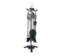 Relaxdays Accesorios Chimenea 5 Piezas, Set de Estufa con Atizador, Pinzas, Escoba, Pala y Soporte, Hierro, Negro/Dorado, 60 x 20 x 20 cm