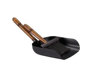 Relaxdays Accesorios Chimenea, Recogedor y Cepillo de Mano, Hierro y Mango Madera, Cerdas Yute, Set Estufa, Negro/Marrón