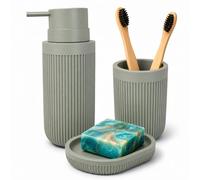 Relaxdays Accesorios de baño, 3 Piezas, jabonera, dispensador, Vaso cepillos, poliresina, Set baño, Gris Claro