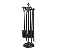 Relaxdays Accesorios de Chimenea 5 Piezas, Atizador, Escoba, Pala, Pinzas y Soporte, Set de Estufa Hierro Fundido, Negro, 51 x 18 x 18 cm