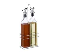 Relaxdays Set Aceitera y Vinagrera, Botellas de Cristal con Caño, 500 ml, Soporte Hierro, 34x13,5x7,5 cm, Transparente