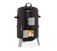 Relaxdays Ahumador Barbacoa 3en1, Barril Asar, Ahumar y Cocinar Carnes, Termómetro y Salida de Aire, ∅40cm, Acero, Negro