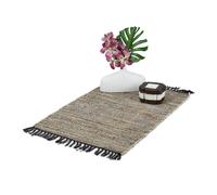 Relaxdays Alfombra de Algodón y Piel con Flecos, Hecha a Mano, Decorativa, Antideslizante, 60x110 cm, Gris
