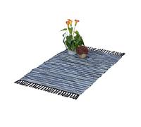 Relaxdays Alfombra de Algodón y Piel con Flecos, Hecha a Mano, Decorativa, Antideslizante, 60x100 cm, Azul/Gris