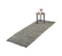 Relaxdays Alfombra de Pasillo con Flecos, 80 x 200 cm, Algodón y Cuero, Antideslizante, Retazos, Verde