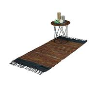 Relaxdays Alfombra de Pasillo de Algodón y Cuero, 70 x 140 cm, con Flecos, Antideslizante, Retazos, Marrón, Piel auténtica