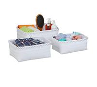 Relaxdays Almacenaje Set 3, Cajitas 3 Tamaños, Tejidas, Cesta Baño, Cajas Decorativas Plástico, Color Blanco, Hierro