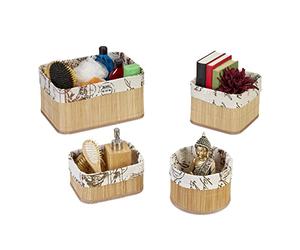 Relaxdays Almacenaje Set 4, Cajas Organizadoras 4 Tamaños, Bambú y Poliéster, Cestas Apilables, Natural y Crema
