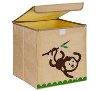 Relaxdays Almacenamiento Caja de Almacenaje, Diseño Mono, Cajita de Tela Niños, Plegable, 33x33x33 cm, para Juguetes, Beige/Marrón, Papel, 33 x 33 x 33 cm