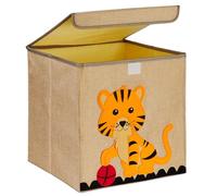 Relaxdays Almacenamiento Caja de Almacenaje, Diseño Tigre, Cajita de Tela Niños, Plegable, 33x33x33 cm, para Juguetes, Beige/Naranja, Lino, 33 x 33 x 33 cm