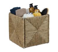 Relaxdays Almacenamiento de Algas Cesta Almacenaje, Cuadrada, Hierba Marina, Caja Organizadora Trenzada, Baño y Salón, 30 x 30 x 30 cm, Natural, Acero