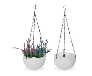 Relaxdays Almacenamiento, Juego de 2 Unidades Pack 2 Macetas Colgantes con Depósito de Agua, 54x18,5 cm, Maceteros Interior y Exterior con Indicador, Blanco, Hierro