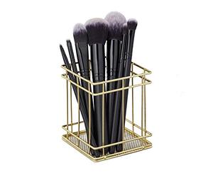 Relaxdays Angular Portalápices Cuadrado Alambre Metal, Organizador Brochas Maquillaje, Escritorio, 10x9x9cm, Dorado, Hierro, 10 x 9 x 9 cm