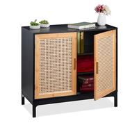 Relaxdays Aparador con 2 Puertas de Ratán, Armario Auxiliar 76x80x39 cm, Mueble de Salón, MDF y Bambú, Negro/Natural