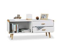 Relaxdays Aparador Salón Nórdico con 2 Cajones, Mesa Auxiliar Baja, Mueble TV, DM-Bambú, 48 x 120 x 40 cm, Blanco, Tablero de Fibras