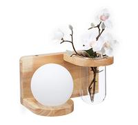 Relaxdays Aplique Pared Madera, Lámpara Decorativa con Florero Cristal, Luz Pasillo o Recibidor, Marrón Natural y Blanco