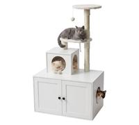 Relaxdays, árbol rascador con Armario para arenero, 2 Plataformas, Puertas magnéticas, Mueble para Gatos, MDF, Blanco