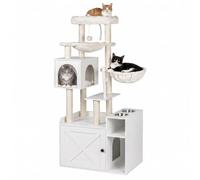 Relaxdays, rascador con Armario para arenero, 2 comederos y Cueva, sisal, Puerta magnética, MDF, Blanco