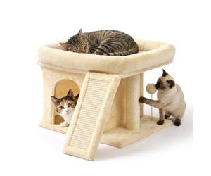 Relaxdays Árbol rascador con cueva acolchada, tabla y repisa, beige | 38,5x54x45 cm, sisal