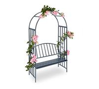 Relaxdays Arco Jardín con Banco, Metal Resistente, Soporte Plantas Trepadoras, Asiento para 2, 205x115x50 cm, Antracita