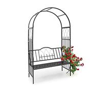 Relaxdays Arco Metal para Rosas con Banco para 2 Personas, Soporte trepadoras, 203 x 114.5 x 59 cm, Hierro, Negro