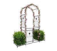 Relaxdays Arco metálico para Rosales con Puerta Doble y 2 jardineras, 220x202x50 cm, Negro