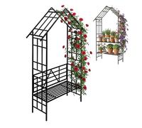 Relaxdays Arco para Rosas con Banco o Estante para Plantas, jardín/Entrada, 247 x 150 x 43 cm, Hierro, Negro