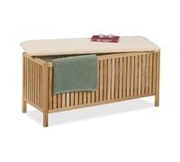 Relaxdays Arcón para Ropa Sucia con Asiento, Baúl para Colada, 100 L, 50 x 100 x 38 cm, Madera y Tela, Natural y Blanco, Poliéster, Algodón