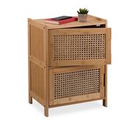 Relaxdays Armario Bajo con 2 Puertas Ratán, Mueble Salón o Dormitorio, 56x42x30 cm, 2 Cajones, Mesita de Noche, Natural