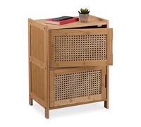 Relaxdays Armario Bajo con 2 Puertas Ratán, Mueble Salón o Dormitorio, 56x42x30 cm, 2 Cajones, Mesita de Noche, Natural
