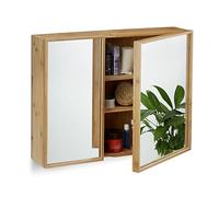 Relaxdays Armario baño de bambú, Auxiliar de Pared 2 Puertas, Espejo Grande, Sin Montaje, HxLxP: 50x65x14 cm, Natural