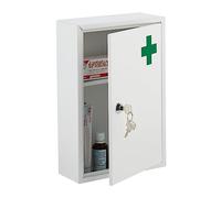 Relaxdays Armario Botiquín Puerta con Cruz, Cerradura, 2 Compartimentos, 32x21,5x8 cm, Caja Medicinas Colgante, Blanco, Hierro, 32 x 21.5 x 8 cm