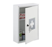 Relaxdays Armario Botiquín Puerta Cruz 2 Compartimentos, Cerradura, 32x21,5x8 cm, Caja Medicinas Colgante, Blanco y Gris, Hierro, 32 x 21.5 x 8 cm