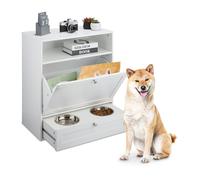 Relaxdays Armario de Comida para Perros, Cajón con 2 Tazones, Espacio para Pienso, 68x60x33cm, MDF, Blanco, Tablero de Fibras